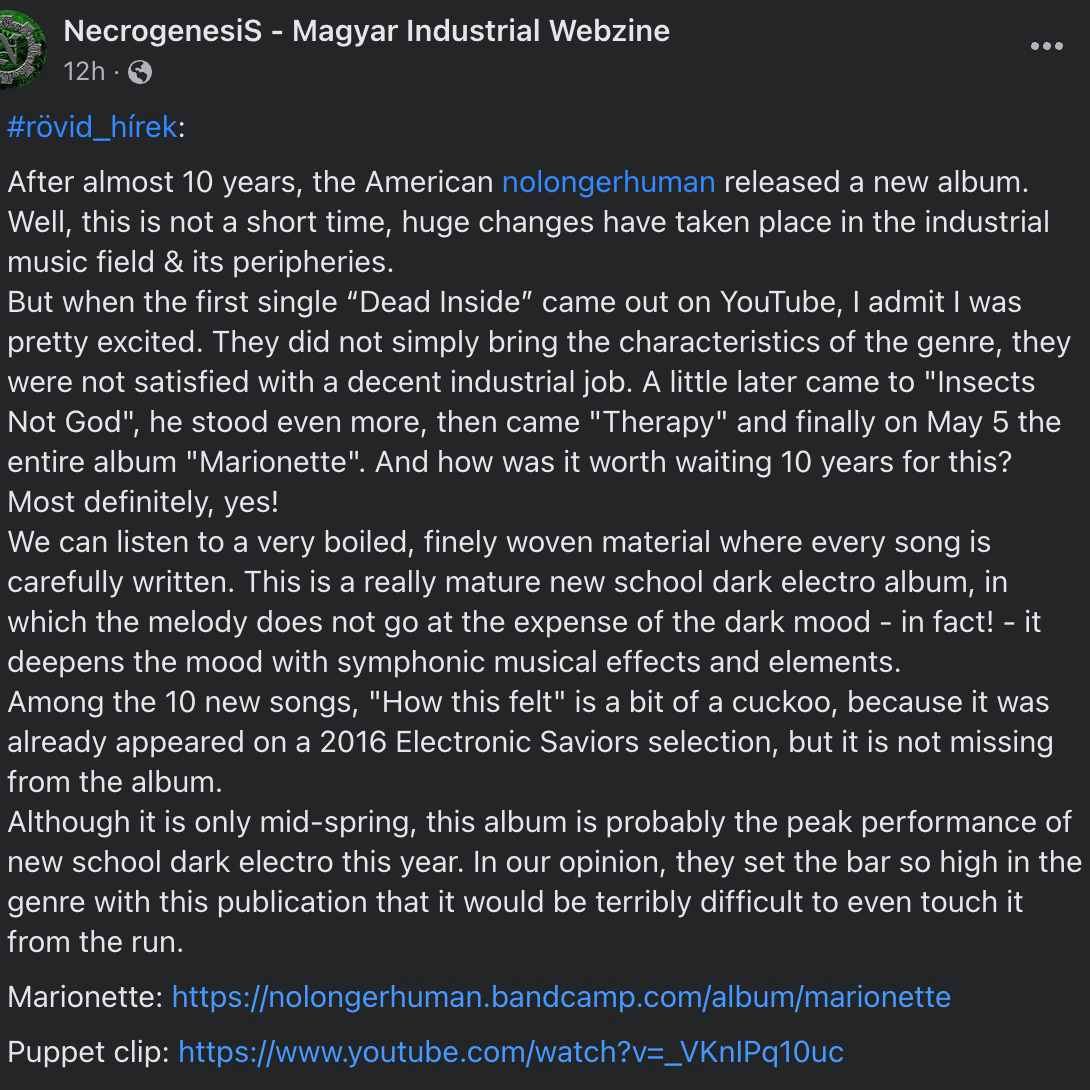 First Review for Marionette Album: NecrogenesiS – Magyar Industrial Webzine